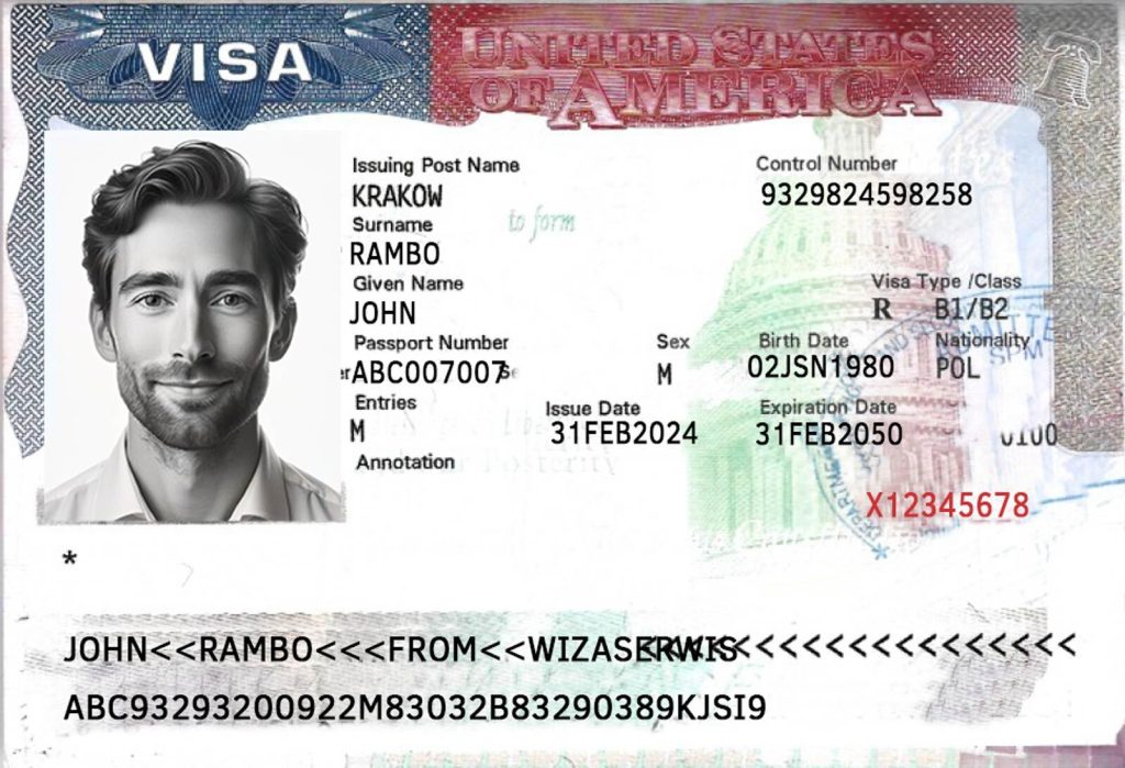 Wiza amerykańska wklejona do paszportu. 
